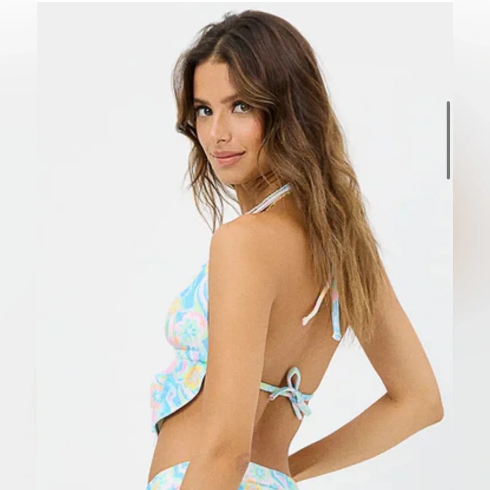 Frankie's Bikinis SET Halter Top and Skirt- Blue and Pink Floral